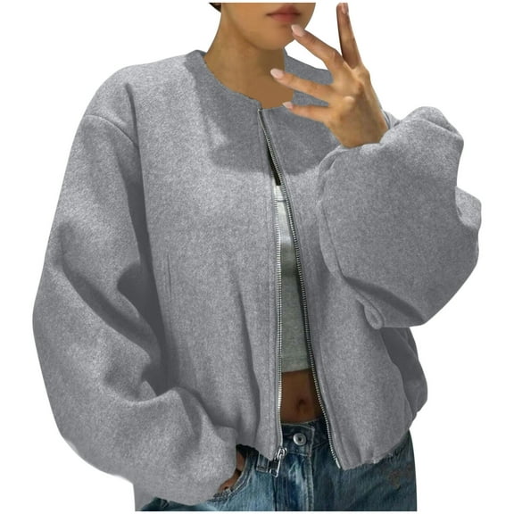 XPMWRP Women's Solid Color Fashion Oversized Coats Zip Up Casual Long Sleeve Hoodless Bomber Outerwear Winter Outfits Gray M