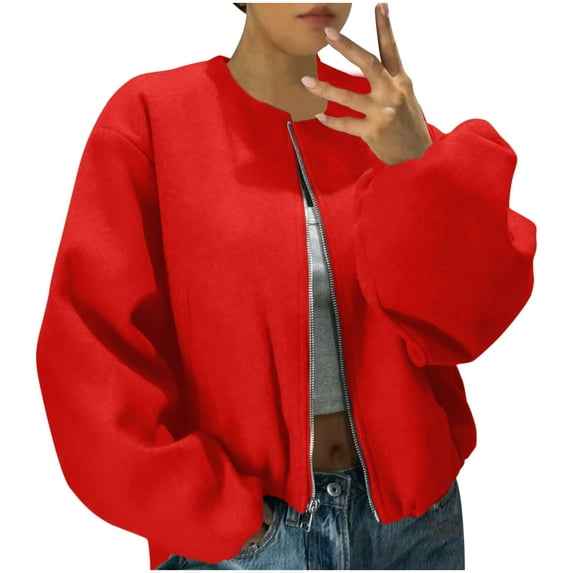 XPMWRP Women's Solid Color Fashion Oversized Coats Zip Up Casual Long Sleeve Hoodless Bomber Outerwear Winter Outfits Red M