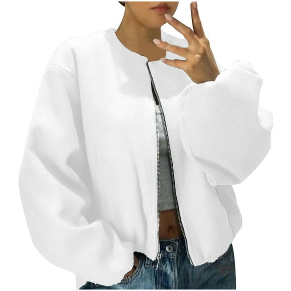 XPMWRP Women's Solid Color Fashion Oversized Coats Zip Up Casual Long Sleeve Hoodless Bomber Outerwear Winter Outfits White L