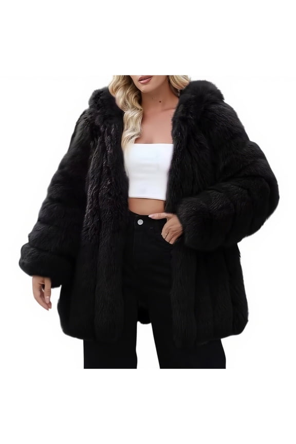 Women's Solid Color Faux Fur Hooded Jacket Long Sleeve Plush Lightweight Coats Fuzzy Winter Warm Jackets Black M