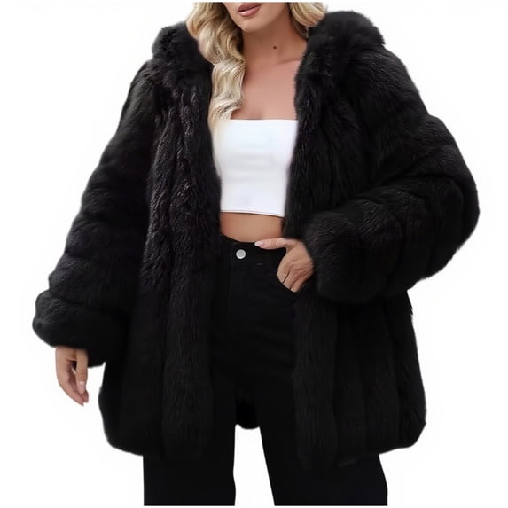XPMWRP Women's Solid Color Faux Fur Hooded Jacket Long Sleeve Plush Lightweight Coats Fuzzy Winter Warm Jackets Black XXXL