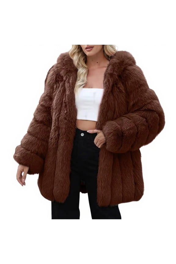 Women's Solid Color Faux Fur Hooded Jacket Long Sleeve Plush Lightweight Coats Fuzzy Winter Warm Jackets Brown XXL