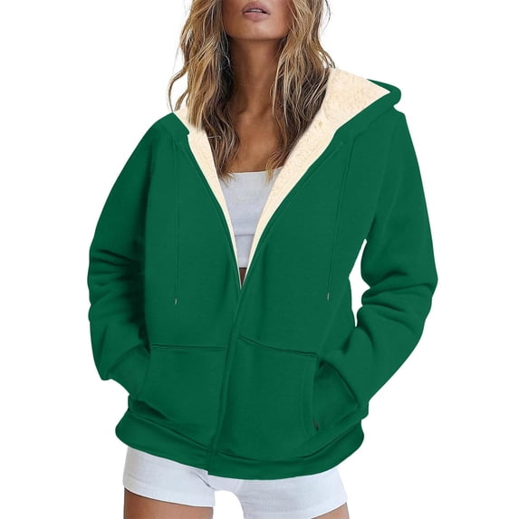 XPMWRP Women's Solid Color Fleece Hooded Coat Casual Long Sleeve Comfortable Warm Outerwear Casual Coats Winter Soft Warm Zipper Jackets with Pockets Green S