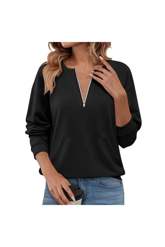 Women's Solid Color Half Zip Sweatshirt 3/4 Sleeve Loose Fit Casual Fashion Pullover Tops Spring Fall Sweatshirt Black S