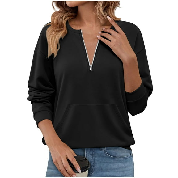 XPMWRP Women's Solid Color Half Zip Sweatshirt 3/4 Sleeve Loose Fit Casual Fashion Pullover Tops Spring Fall Sweatshirt Black XXL