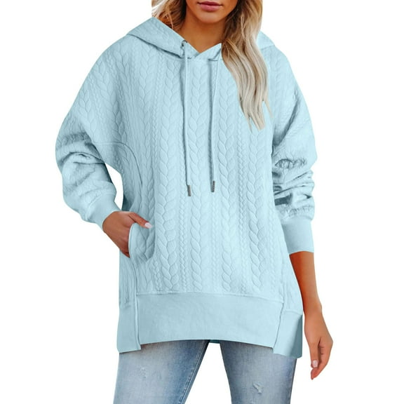 XPMWRP Women's Solid Color Hooded Drawstring Sweatshirt Loose Winter Pullover Long Sleeve Casual Sweatshirts with Pockets Blue S