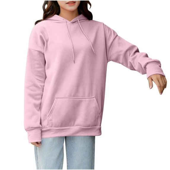 XPMWRP Women's Solid Color Hoodie Drawstring Sweatshirt Casual Loose Long Sleeve Plus Size Pullover Fall Winter Warm Sweatshirt with Pockets Pink XXXXL