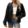thumbnail image 1 of XPMWRP Women's Solid Color Jean Jacket Trendy Casual Long Sleeve Button Down Vintage Distressed Hoodie V Neck Double Pocket Denim Jacket Black M, 1 of 6