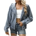 thumbnail image 1 of XPMWRP Women's Solid Color Jean Jacket Trendy Casual Long Sleeve Button Down Vintage Distressed Hoodie V Neck Double Pocket Denim Jacket Blue M, 1 of 6