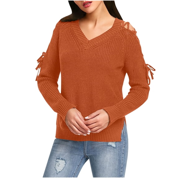 XPMWRP Women's Solid Color Lace Up Cold Shoulder Sweater Long Sleeve V Neck Side Split Casual Knitted Pullover Jumper Tops Orange M