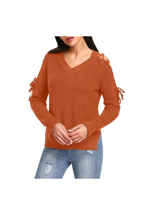 Women's Solid Color Lace Up Cold Shoulder Sweater Long Sleeve V Neck Side Split Casual Knitted Pullover Jumper Tops Orange S