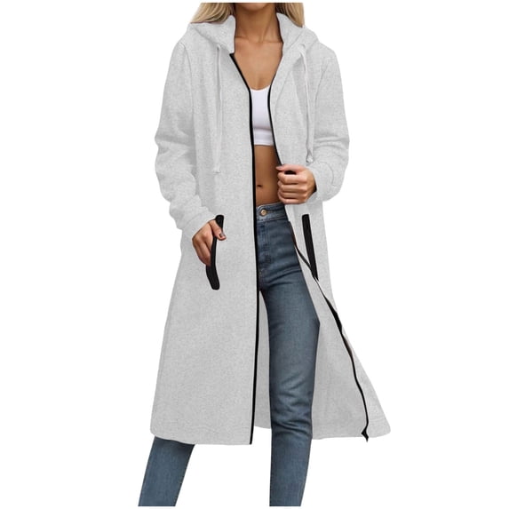 XPMWRP Women's Solid Color Long Fleece Quilted Hoodies Loose Fit Oversized Zip Up Coat with Double Pocket Casual Warm Winter Jackets Gray M