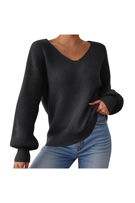 Women's Solid Color Long Sleeve Knit Pullover Ribbed Sweaters V Neck Oversized Loose Casual Cozy Soft Slouchy Sweater Tops Black M