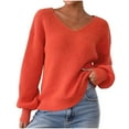 thumbnail image 1 of XPMWRP Women's Solid Color Long Sleeve Knit Pullover Ribbed Sweaters V Neck Oversized Loose Casual Cozy Soft Slouchy Sweater Tops Orange M, 1 of 9