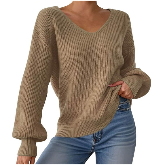 XPMWRP Women's Solid Color Long Sleeve Knit Pullover Ribbed Sweaters V Neck Oversized Loose Casual Cozy Soft Slouchy Sweater Tops Yellow L