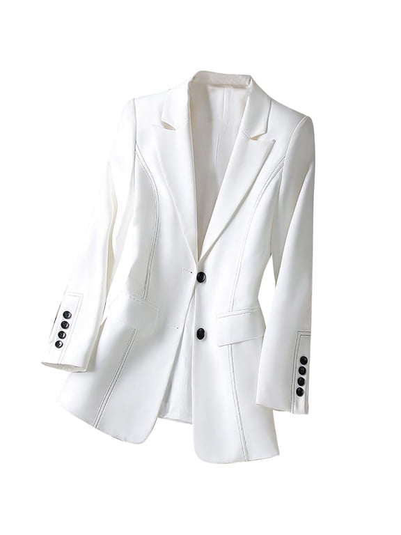 Women's Solid Color Long Sleeve Lape Luxury Suit Casual Jacket Slim Blazer Double Breasted Fashion Jacket White XXL