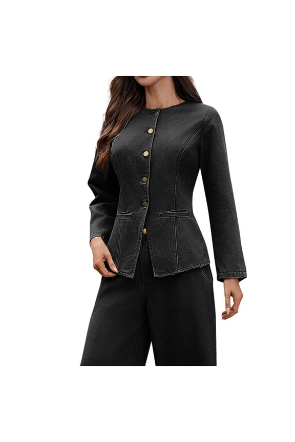 Women's Solid Color Long Sleeve Peplum Denim Casual Slim Jackets Round Neck Button Down Cropped Ruffle Hem Jacket Black S