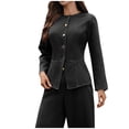 thumbnail image 1 of XPMWRP Women's Solid Color Long Sleeve Peplum Denim Casual Slim Jackets Round Neck Button Down Cropped Ruffle Hem Jacket Black XL, 1 of 4