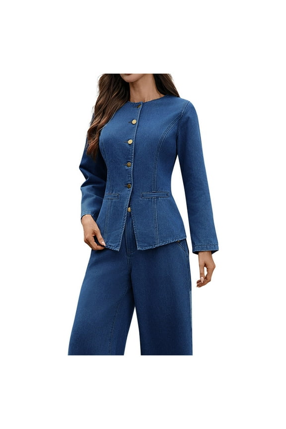Women's Solid Color Long Sleeve Peplum Denim Casual Slim Jackets Round Neck Button Down Cropped Ruffle Hem Jacket Blue L