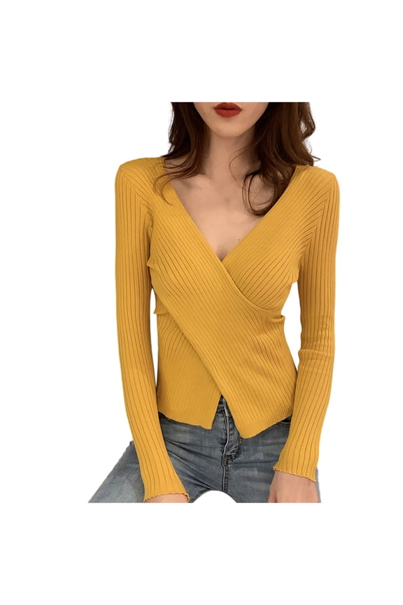 Women's Solid Color Long Sleeve Sexy Wrap Sweater Slim Fit Criss Cross V Neck Knit Casual Winter Pullover Tops Yellow Free Size