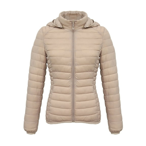 XPMWRP Women's Solid Color Long Sleeved Coat Packable Removable Hooded Jacket Full Zip Slim Jacket Insulated Quilted Warm Winter Coat Khaki XL