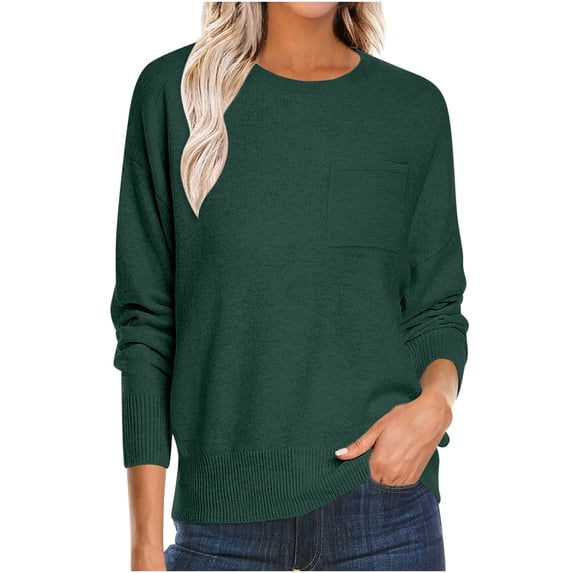 XPMWRP Women's Solid Color Loose Casual Sweaters Crewneck Basic Long Sleeve Sweater Lightweight Knit Tunic Pullovers with Chest Pocket Green S