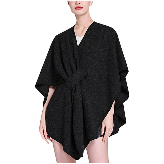 XPMWRP Women's Solid Color Open Front Cardigan Shawls Wrap Solid Color Poncho Ruana Cape Plus Size Knit Wraps for Fall Winter Black Free Size