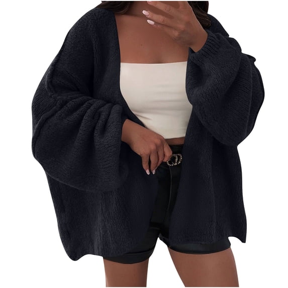 XPMWRP Women's Solid Color Oversized Casual Cardigans Long Sleeve Open Front Soft Knit Sweater Fall Winter Outwear with Pockets Black M