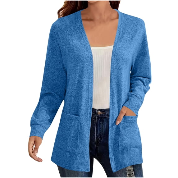 XPMWRP Women's Solid Color Oversized Casual Cardigans Long Sleeve Open Front Soft Knit Sweater Fall Winter Outwear with Pockets Blue S