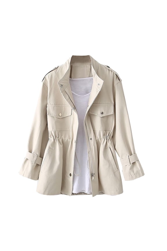 Women's Solid Color Packable Utility Long Sleeved Zipper Coats Outerwear Waterproof Windbreaker Cargo Jacket for Outdoor Travel Hiking Beige XXL