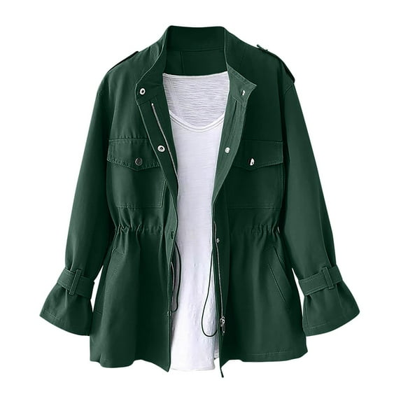 XPMWRP Women's Solid Color Packable Utility Long Sleeved Zipper Coats Outerwear Waterproof Windbreaker Cargo Jacket for Outdoor Travel Hiking Green XL
