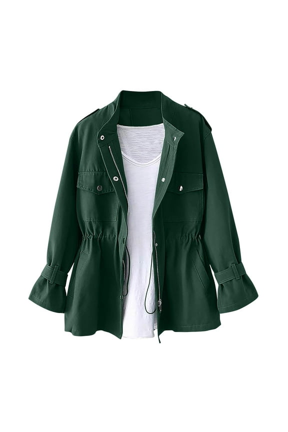 Women's Solid Color Packable Utility Long Sleeved Zipper Coats Outerwear Waterproof Windbreaker Cargo Jacket for Outdoor Travel Hiking Green M