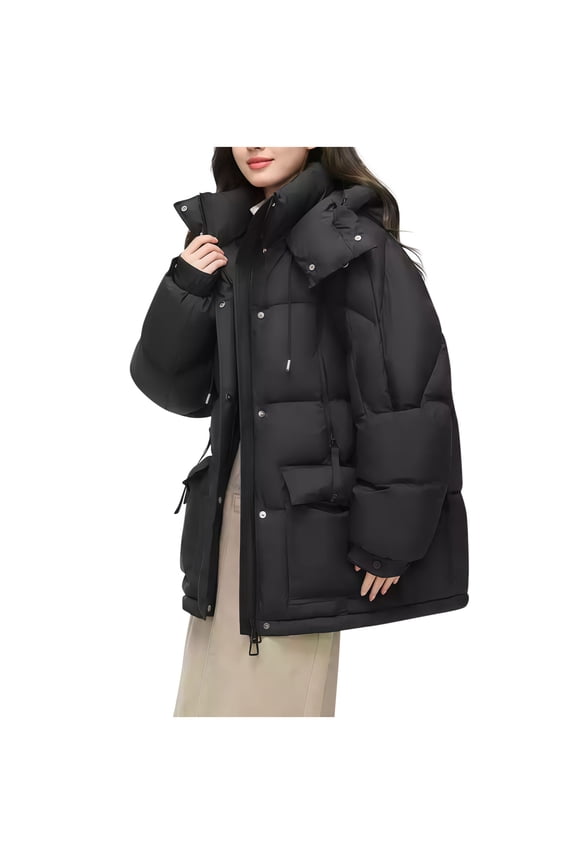Women's Solid Color Puffer Loose Jacket Full Zip Quilted Hooded Bubble Coats Padded Jacket Long Sleeve Winter Warm Coat Pocket Black S