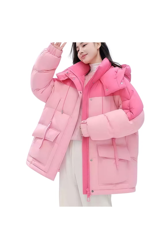 Women's Solid Color Puffer Loose Jacket Full Zip Quilted Hooded Bubble Coats Padded Jacket Long Sleeve Winter Warm Coat Pocket Pink S
