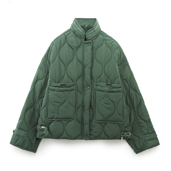XPMWRP Women's Solid Color Quilted Jacket Long Sleeved Zip Oversized Casual Jackets Winter Warm Trendy Loose Coat with Pockets Green L