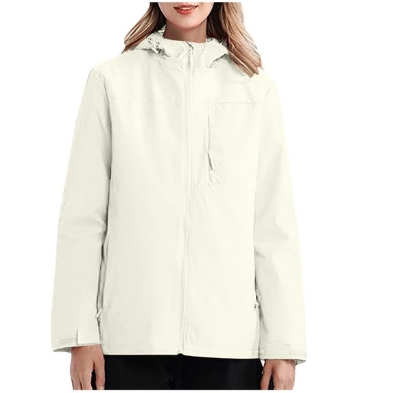 XPMWRP Women's Solid Color Rain Hooded Coats Waterproof Active Outdoor Rain Jackets Lightweight Zip Up Raincoat Windbreaker with Pocket White XXXL