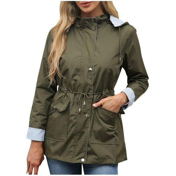 XPMWRP Women's Solid Color Rain Hooded Long Sleeve Jacket Waterproof Active Outdoor Trench Raincoat Lightweight Plus Size Green XL