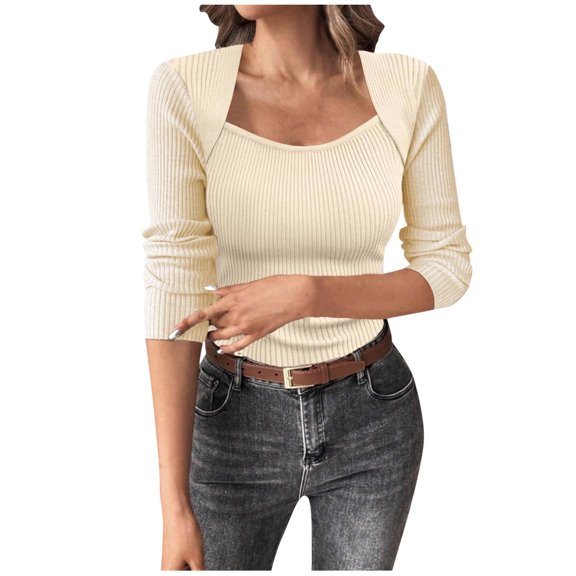 XPMWRP Women's Solid Color Sweaters Fall Fashion Ribbed Long Sleeve Lightweight Knit Square Neck Tops Cute and Trendy Outfits Beige M