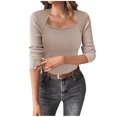 thumbnail image 1 of XPMWRP Women's Solid Color Sweaters Fall Fashion Ribbed Long Sleeve Lightweight Knit Square Neck Tops Cute and Trendy Outfits Yellow S, 1 of 6