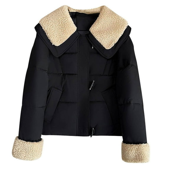 XPMWRP Women's Solid Color Thick Padded Warm Jacket Long sleeved Lapel Jacket Active Outdoor Windbreaker with Pockets Black L