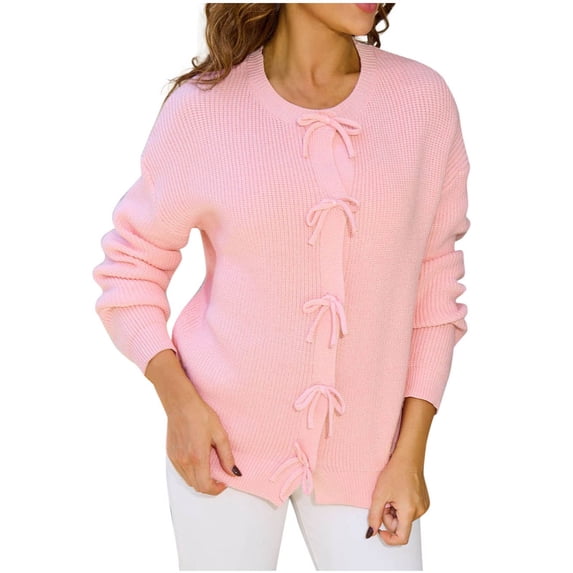 XPMWRP Women's Solid Color Tie Front Cardigan Sweaters Casual Bow Puff Long Sleeve Loose Ribbed Knit Trendy Sweater Tops Pink M