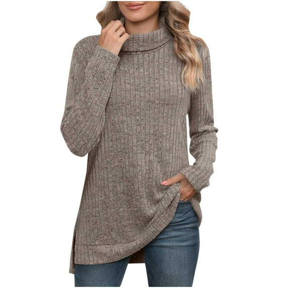 XPMWRP Women's Solid Color Tunic Tops Turtle Neck Long Sleeve Shirts Oversized Winter Sweaters Side Split High Low Hemline Brown XXL