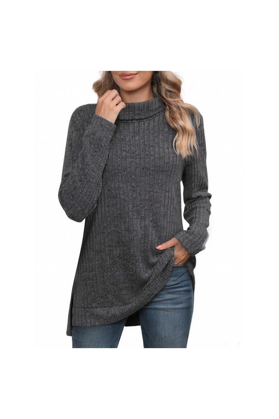 Women's Solid Color Tunic Tops Turtle Neck Long Sleeve Shirts Oversized Winter Sweaters Side Split High Low Hemline Gray L