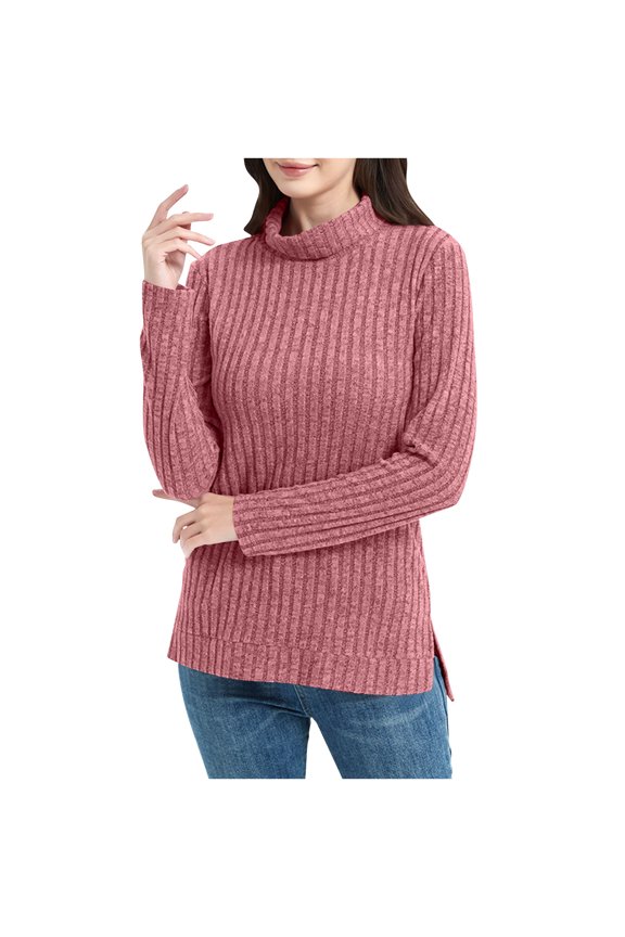 Women's Solid Color Tunic Tops Turtle Neck Long Sleeve Shirts Oversized Winter Sweaters Side Split High Low Hemline Purple S