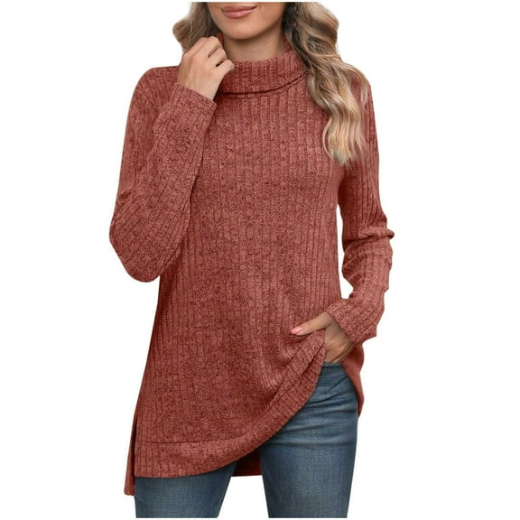 XPMWRP Women's Solid Color Tunic Tops Turtle Neck Long Sleeve Shirts Oversized Winter Sweaters Side Split High Low Hemline Red XL
