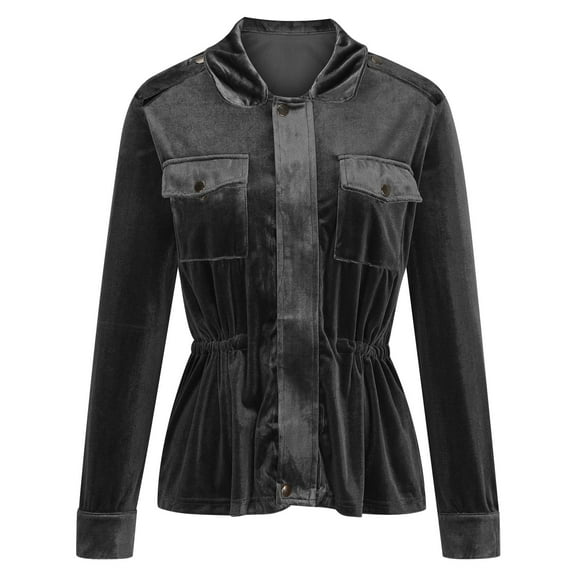 XPMWRP Women's Solid Color Velvet Coats Long Sleeve Lapel Casual Waist Cinched Jacket Winter Fashion Loose Clothes with Pocket Black M