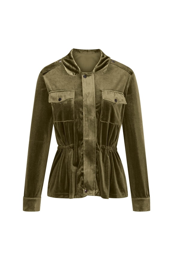 Women's Solid Color Velvet Coats Long Sleeve Lapel Casual Waist Cinched Jacket Winter Fashion Loose Clothes with Pocket Green M