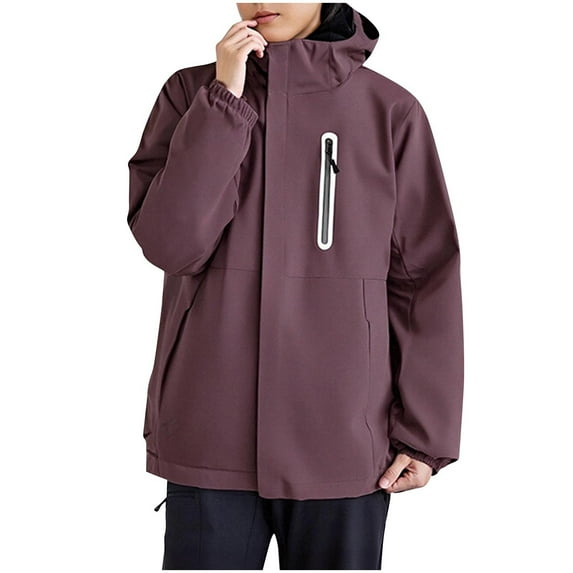 XPMWRP Women's Solid Color Waterproof Windbreaker Detachable Hoodies Coats Plus Size Zip Up Rain Jackets Lightweight Raincoat with Pockets Purple M