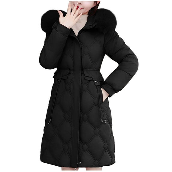 XPMWRP Women's Solid Color Windbreaker Thick Padded Quilted Jacket Knee-Length Drawstring Hooded Fleece Cotton Long Coat Black XL