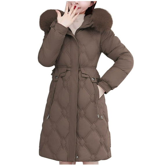 XPMWRP Women's Solid Color Windbreaker Thick Padded Quilted Jacket Knee-Length Drawstring Hooded Fleece Cotton Long Coat Brown XL